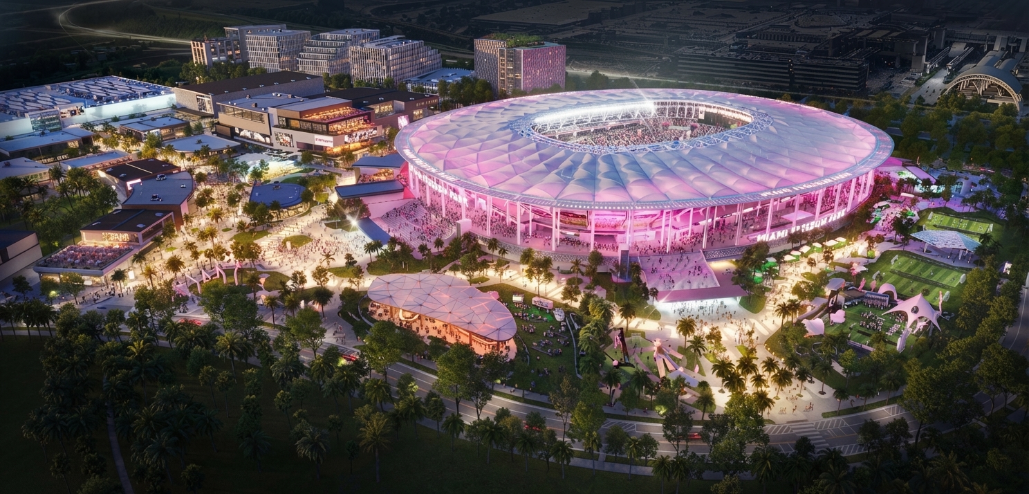 Aerial view of Nu Stadium and Miami Freedom Park — Inter Miami CF home stadium opening April 2026